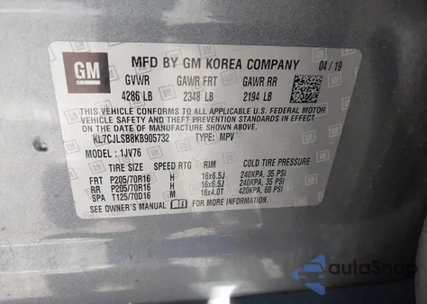 2019 Chevrolet Trax Lt from USA, damaged, VIN KL7CJLSB8KB905732